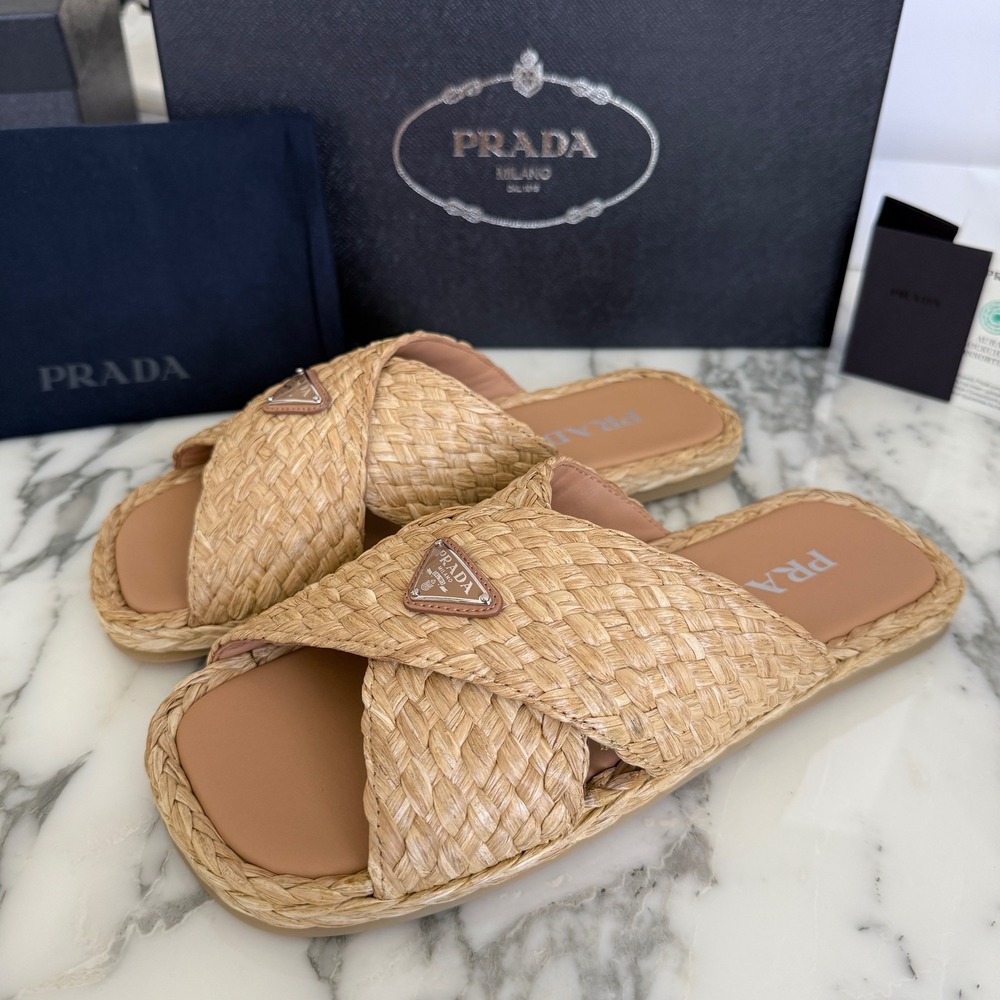 Prada Mens Woven Raffia Strap Slide Sandals Tan UK 7, 2X3142